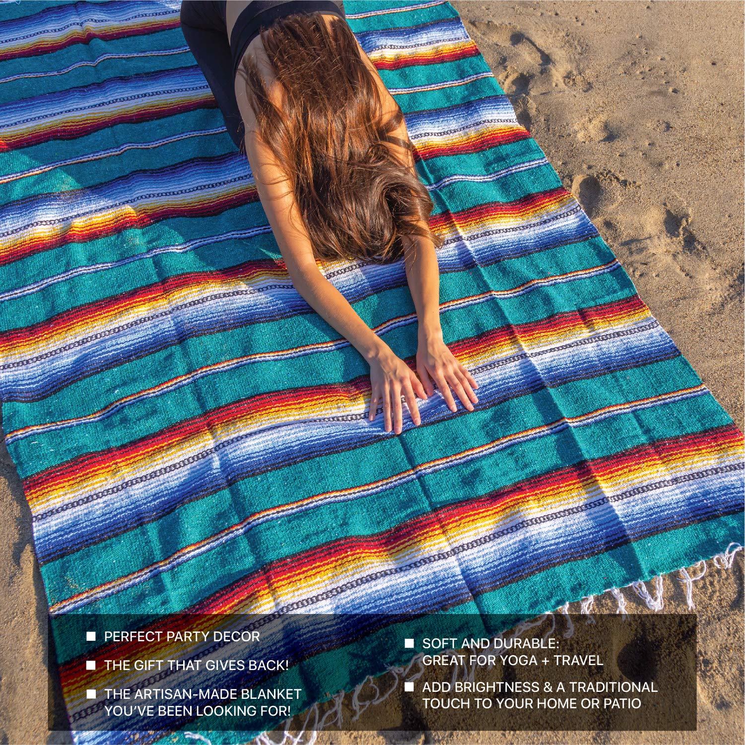 Benevolence LA Mexican Blanket, Authentic Handwoven Yoga Blanket & Outdoor Blanket, Made by Traditional Mexican Artisans, Saddle Blanket, Beach Blanket, Picnic Blanket, & Car Blanket 75 x 52 - Agua