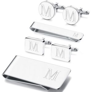 JOERICA 6 PCS Engraved Initial Cufflinks Tie Bar Money Clip Set Shirt Alphabet Letter Wallet Tie Clip and Cufflink Set