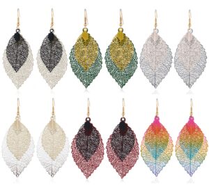 atimigo 6 pairs metal leaf boho dangle earrings colorful pendant drop hook statement earrings set for women