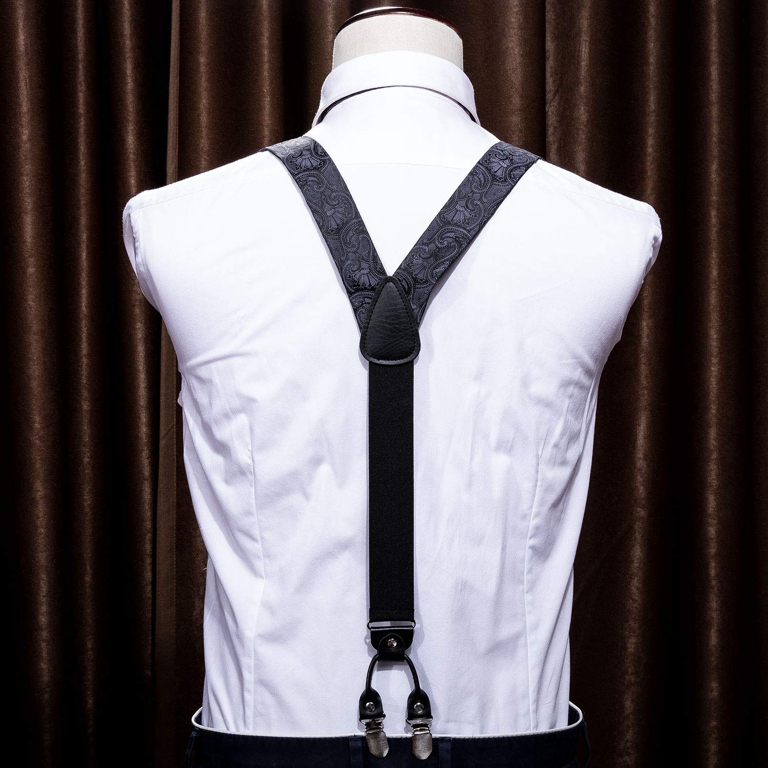 Barry.Wang Men Black Paisley Suspender and Bow Tie Set Y Shape Heavy Duty 6 Clips Braces