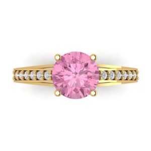 Clara Pucci 2.21 ct Round Cut cathedral Solitaire Pink Simulated Diamond Engagement Promise Anniversary Bridal Ring 14k Yellow Gold