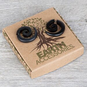 Earth Accessories Spiral Fake Gauges for Women or Men - Faux Gauge Earrings with Organic Wood and Surgical Steel - Fake Plugs Sold as a Pair in Black