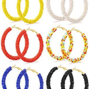 6 Pairs Bohemian Beaded Hoop Earrings Women Colorful Handmade Large Circle Dangle Drop Earrings for Women(Cute Colors)