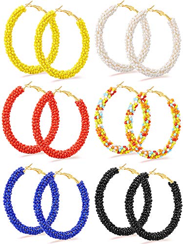 6 Pairs Bohemian Beaded Hoop Earrings Women Colorful Handmade Large Circle Dangle Drop Earrings for Women(Cute Colors)