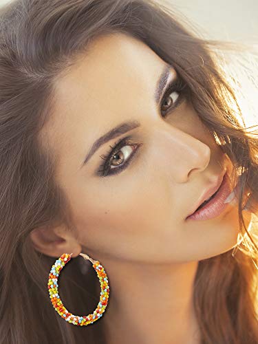 6 Pairs Bohemian Beaded Hoop Earrings Women Colorful Handmade Large Circle Dangle Drop Earrings for Women(Cute Colors)