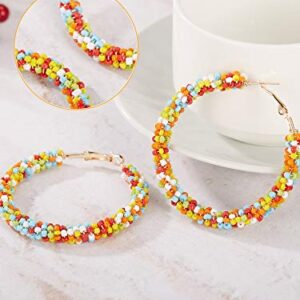 6 Pairs Bohemian Beaded Hoop Earrings Women Colorful Handmade Large Circle Dangle Drop Earrings for Women(Cute Colors)