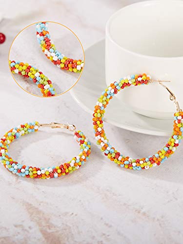 6 Pairs Bohemian Beaded Hoop Earrings Women Colorful Handmade Large Circle Dangle Drop Earrings for Women(Cute Colors)