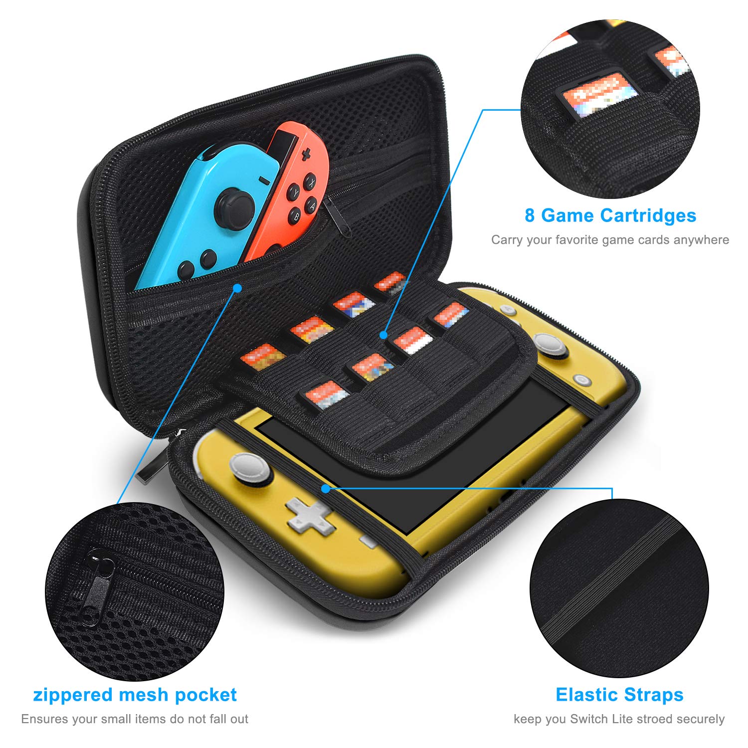 Carrying Case Plus TPU Case Cover and Screen Protector Compatible with Nintendo Switch Lite, 4 in 1 Accessories Kit, Portable Carrier Travel Bag Case Comes with 8 Game Card Slots for Switch Lite 2019