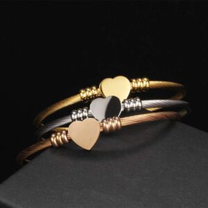 MiniJewelry Simpl Gold Love Heart Bangle Bracelets for Women BFF Family Stainless Steel Adjustable Birthday