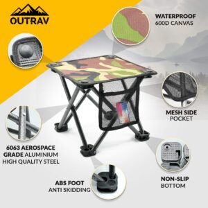 Outrav Camping Stool - Outdoor Travel Folding Small Chair - Portable Stool for Camping, Fishing, Hiking, Gardening, & Beach - Heavy Duty, Lightweight Easy to Carry Camping Seat with Carry Bag (Camo)