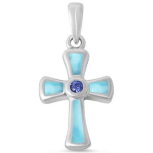 CloseoutWarehouse Larimar Simulated Tanzanite Centered Cubic Zirconia Cross Pendant Sterling Silver