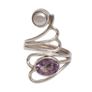 NOVICA Artisan Handmade .925 Sterling Silver Amethyst Cultured Freshwater Pearl Ring Purple White Multi Stone Wrap Birthstone 'Pure in Heart'