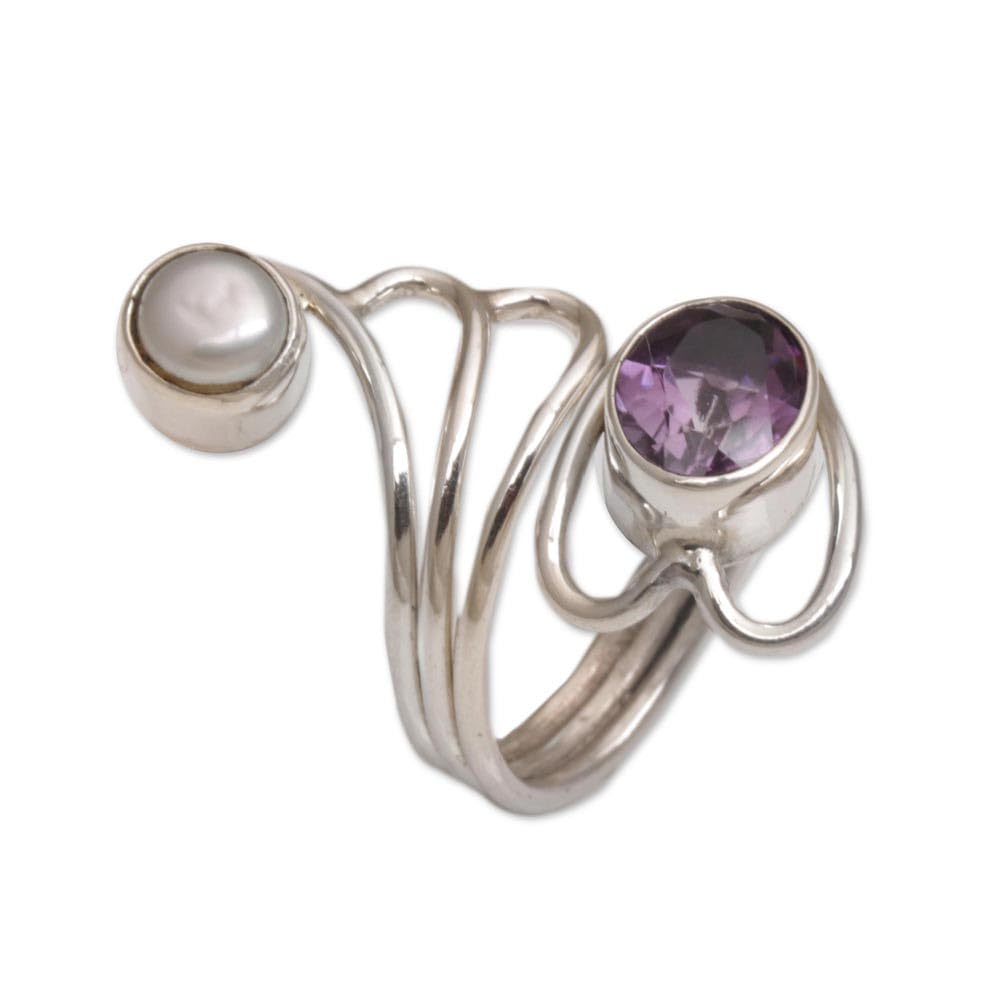 NOVICA Artisan Handmade .925 Sterling Silver Amethyst Cultured Freshwater Pearl Ring Purple White Multi Stone Wrap Birthstone 'Pure in Heart'