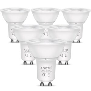 agotd gu10 6w dimmable led light bulbs,50w 60w halogen bulb equivalent, 120 volt, soft white 3000k 500lm recessed lighting, 38° beam angle spotlight, 6 pack