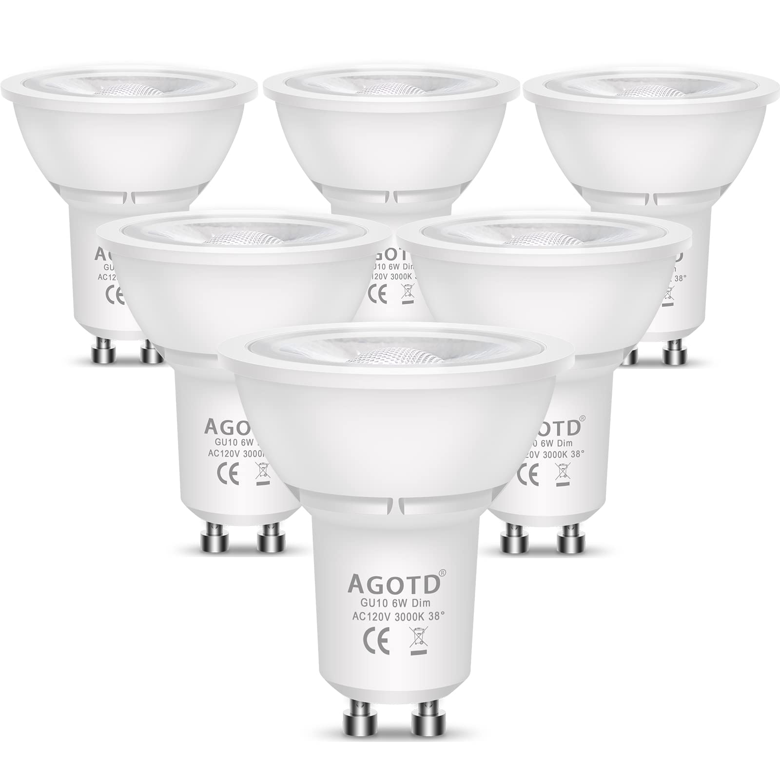 AGOTD GU10 6W Dimmable LED Light Bulbs,50W 60W Halogen Bulb Equivalent, 120 Volt, Soft White 3000K 500lm Recessed Lighting, 38° Beam Angle Spotlight, 6 Pack