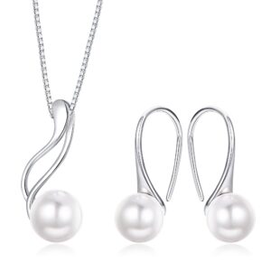 Milacolato Sterling Silver Pearl Jewelry Set 18K Gold Plated Genuine Freshwater Cultured Pearl Jewelry Pendant Necklace Pearl Earrings for Women Mom Mother's Day, White Pearl