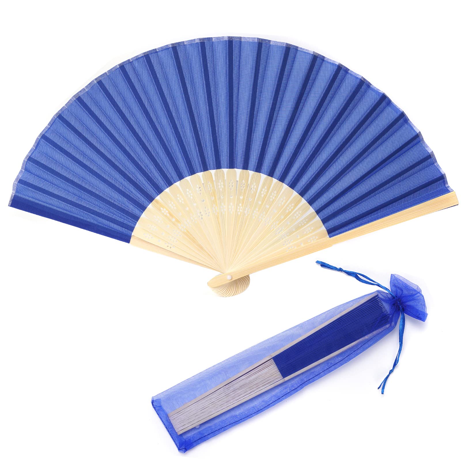 SL crafts 24pcs Imitated Silk Hand Fan Imitated Silk Fabric Bamboo Handheld Folded Fan Bridal Dancing Props Church Wedding Party Favors with Organza Bags (Royal Blue)