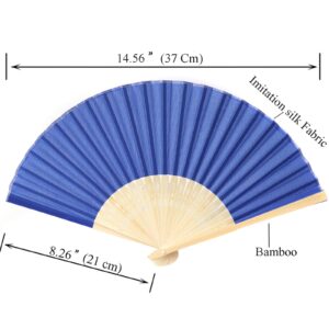 SL crafts 24pcs Imitated Silk Hand Fan Imitated Silk Fabric Bamboo Handheld Folded Fan Bridal Dancing Props Church Wedding Party Favors with Organza Bags (Royal Blue)