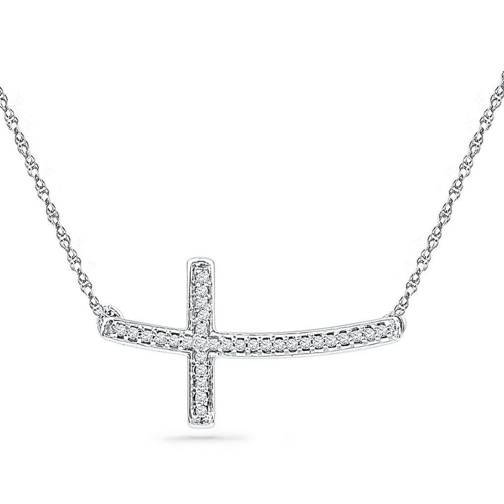 Jewels By Lux Sterling Silver Sterling Silver Womens Round Diamond Horizontal Sideways Cross Necklace 1/10 Cttw