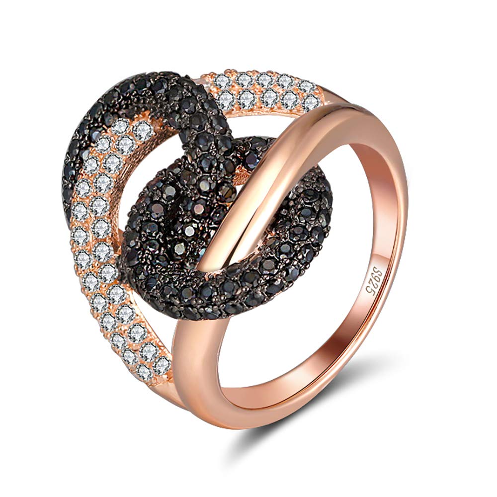 Ginger Lyne Collection Interlinking Circles Rose Gold Over Sterling Silver Black CZ Pave Statement Ring Size 7