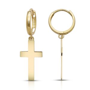 14k Yellow Gold Dangle Cross Huggie Earrings 12mm