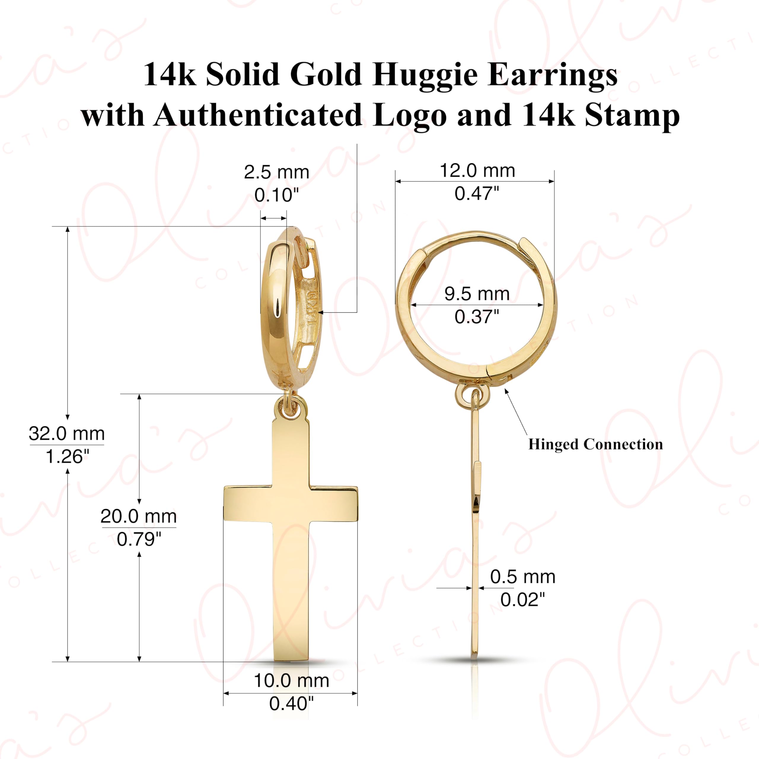 14k Yellow Gold Dangle Cross Huggie Earrings 12mm