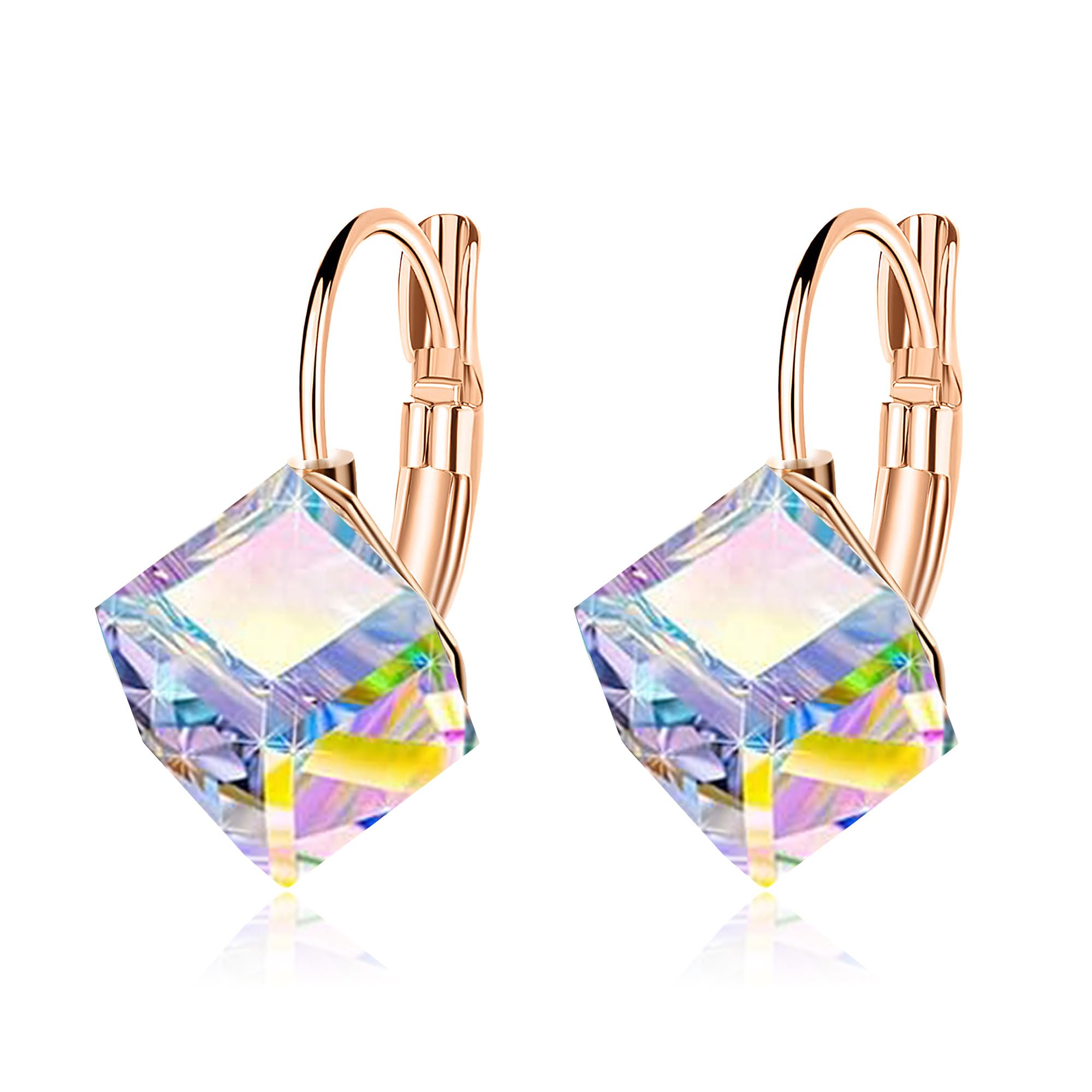 Cube Austrian Crystal Drop Leverback Earrings for Women Fashion 14K Rose Gold Plated Hypoallergenic Jewelry (Aurora Boreali)