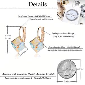 Cube Austrian Crystal Drop Leverback Earrings for Women Fashion 14K Rose Gold Plated Hypoallergenic Jewelry (Aurora Boreali)