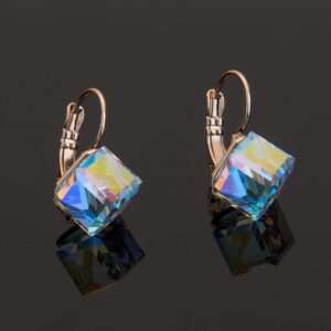 Cube Austrian Crystal Drop Leverback Earrings for Women Fashion 14K Rose Gold Plated Hypoallergenic Jewelry (Aurora Boreali)