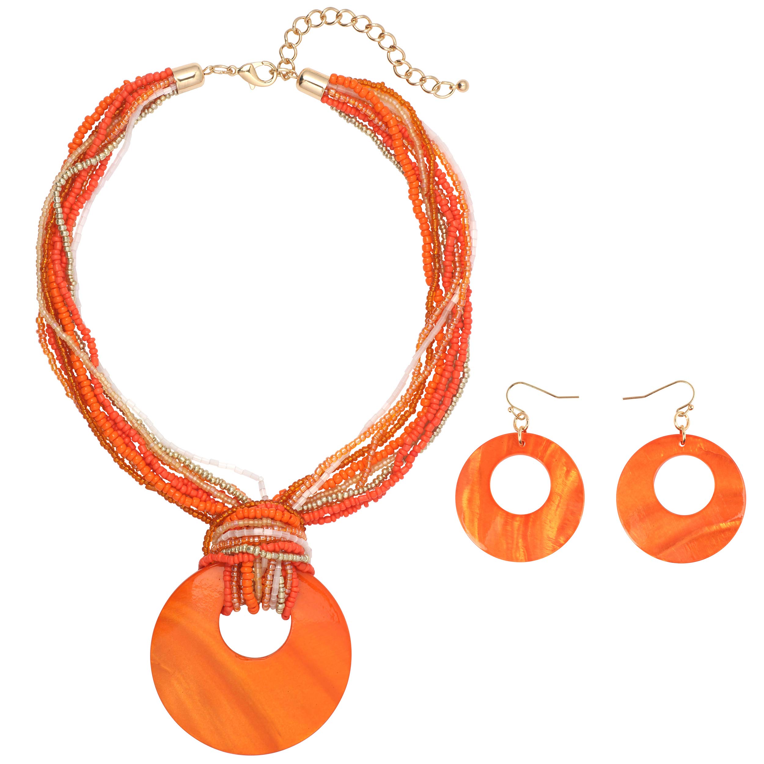 Coiris Multi Strand Statement Colorful Beaded Necklace Earrings Set with Big Circle Shell Pendant for Women (N0055-Orange)