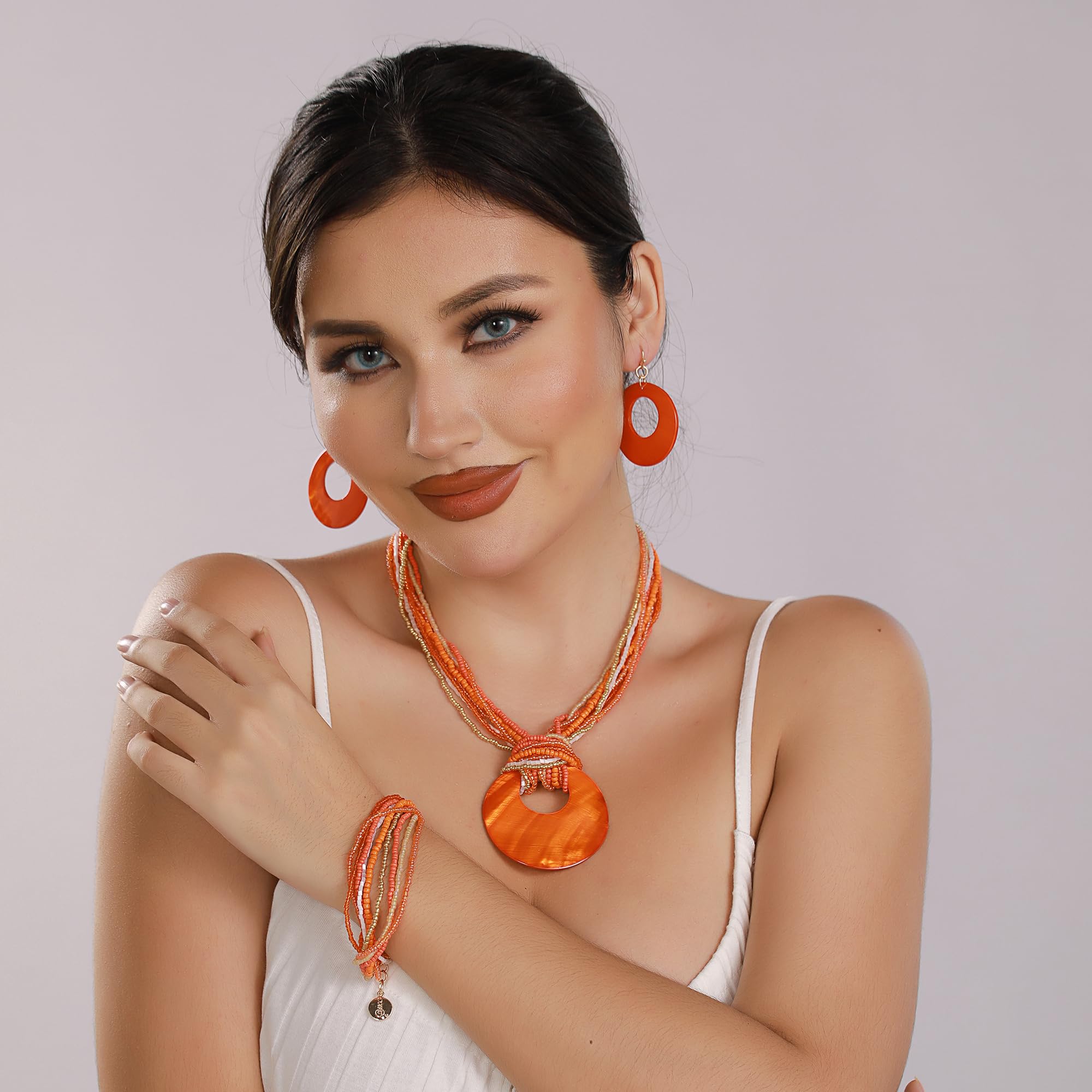 Coiris Multi Strand Statement Colorful Beaded Necklace Earrings Set with Big Circle Shell Pendant for Women (N0055-Orange)