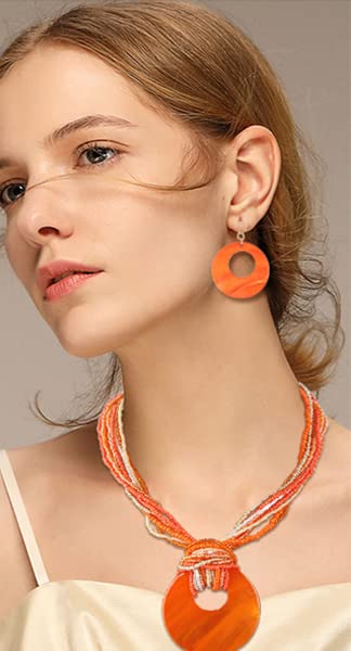 Coiris Multi Strand Statement Colorful Beaded Necklace Earrings Set with Big Circle Shell Pendant for Women (N0055-Orange)