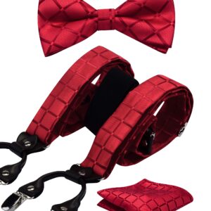 GUSLESON Mens Wedding Red Suspenders Pre-tied Bow Tie and Pocket Square Set Male Plaid Adjustable Tuxedo Suspender (0102-13)