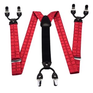 GUSLESON Mens Wedding Red Suspenders Pre-tied Bow Tie and Pocket Square Set Male Plaid Adjustable Tuxedo Suspender (0102-13)