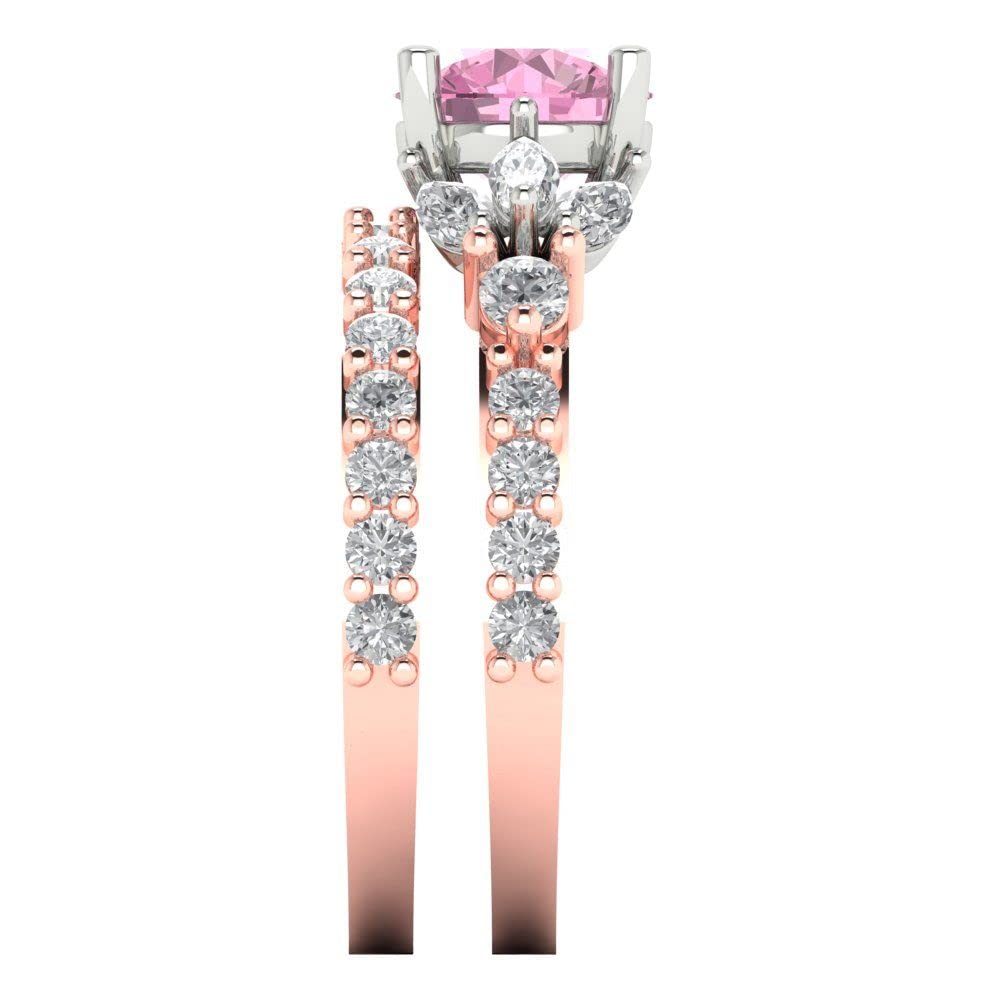 Clara Pucci 2.66 carat Round Shape 3 stone Pink Zircon Engagement Wedding Anniversary Bridal ring band set 14k Rose White Gold 4.25