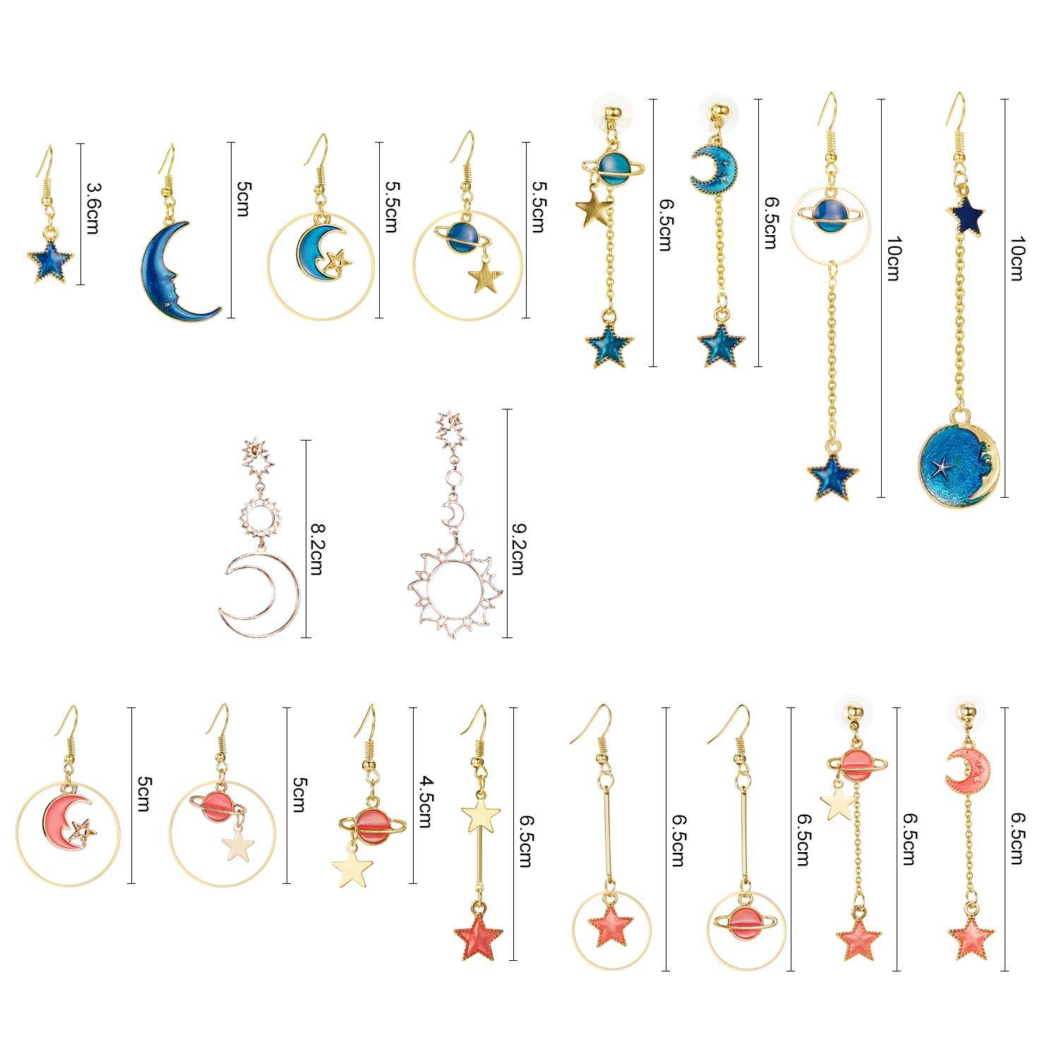 9 Pairs Star Moon Earrings for Women Earth Moon Earrings Dangle Planet Sun Moon Earrings Asymmetric Bohemia Moon Earrings