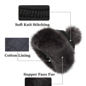 Soul Young Women's Faux Fur Hat Black Russian Cossack Knit Pompom Ski Snow Cap for Winter White(One Size,Dark Grey)