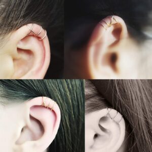 Minimalist 4 PCS S925 Sterling Silver Criss Cross Ear Cuff No Pierce Ear Cuff Sets Double Simple Lines Ear Cuff Fake Cartilage Earring Helix Piercing（4PCS）