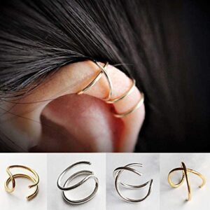 Minimalist 4 PCS S925 Sterling Silver Criss Cross Ear Cuff No Pierce Ear Cuff Sets Double Simple Lines Ear Cuff Fake Cartilage Earring Helix Piercing（4PCS）