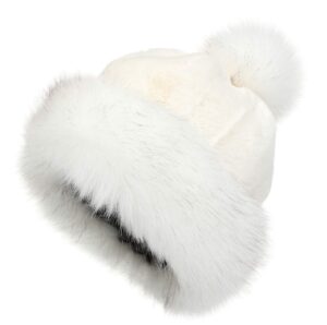 la carrie women's faux fur hat russian cossack pompom cap for winter ski snow(white)