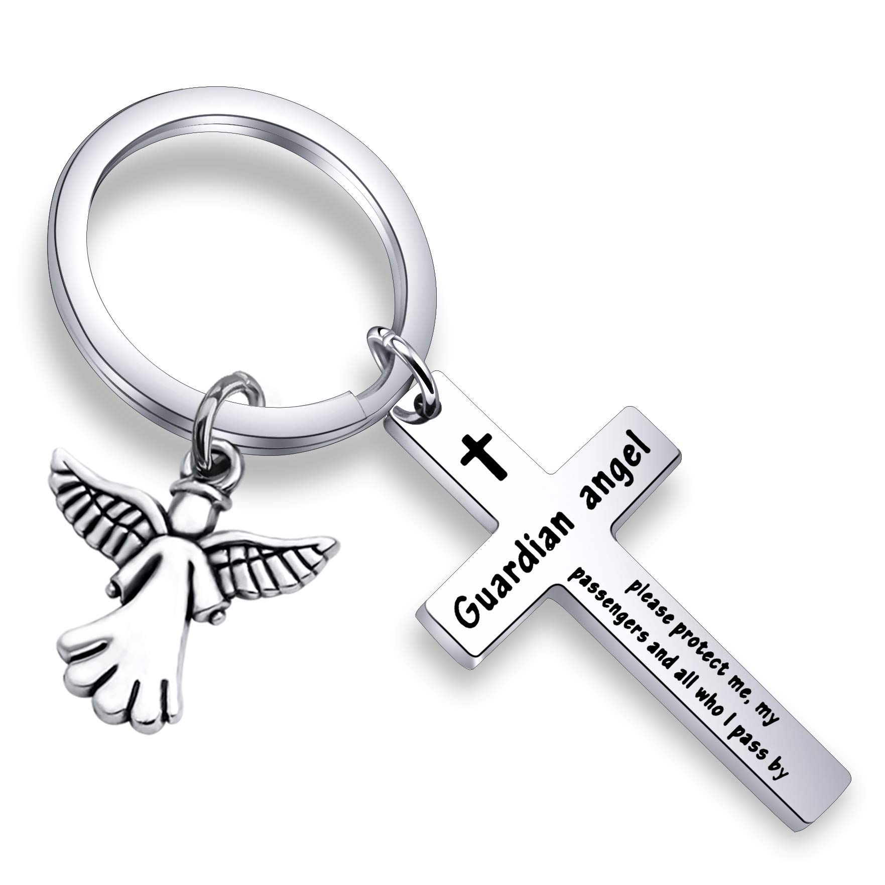 FEELMEM Guardian Angel Prayer Cross Keychain Guardian Angel Protect Me My Passengers By Safe Drive Safe Trip Travel Safely Keyring Motorist Prayer Gift (silver)