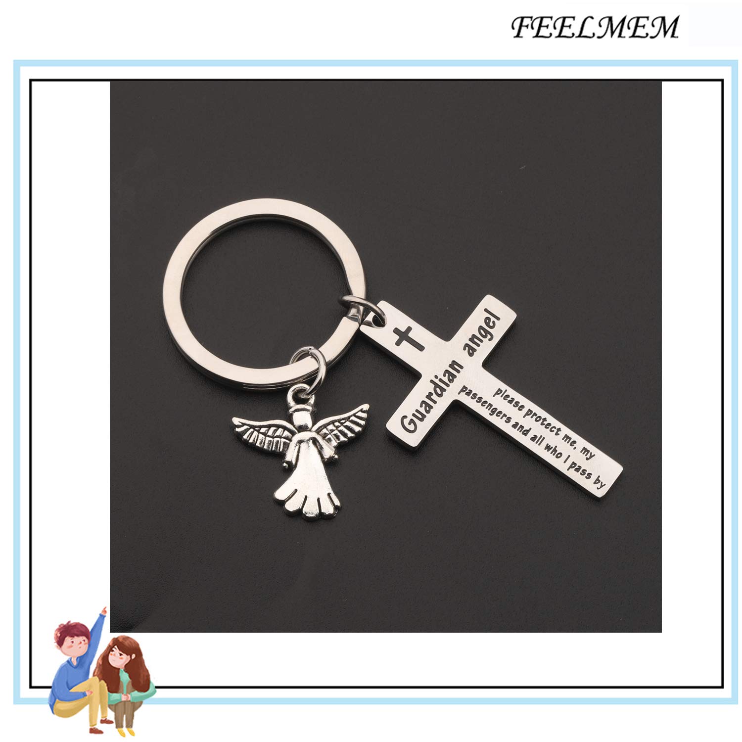 FEELMEM Guardian Angel Prayer Cross Keychain Guardian Angel Protect Me My Passengers By Safe Drive Safe Trip Travel Safely Keyring Motorist Prayer Gift (silver)