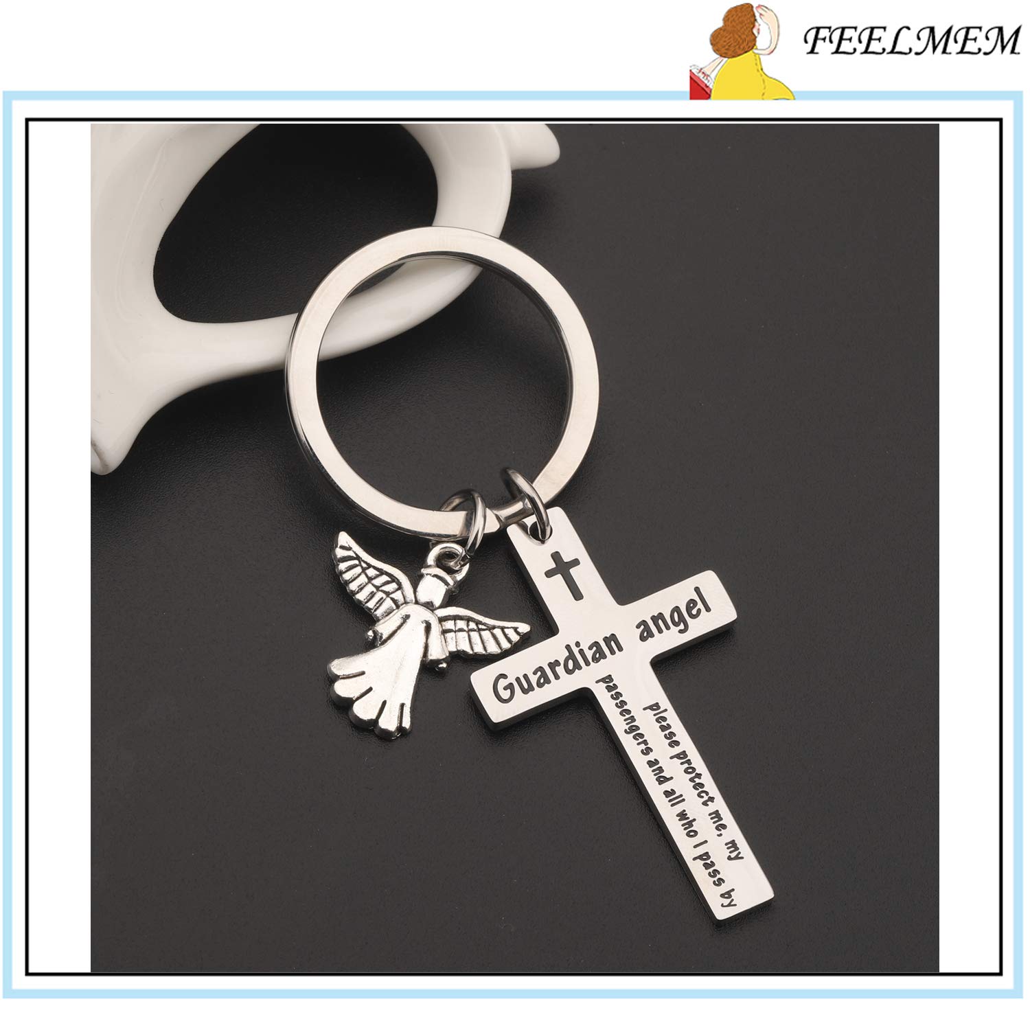 FEELMEM Guardian Angel Prayer Cross Keychain Guardian Angel Protect Me My Passengers By Safe Drive Safe Trip Travel Safely Keyring Motorist Prayer Gift (silver)