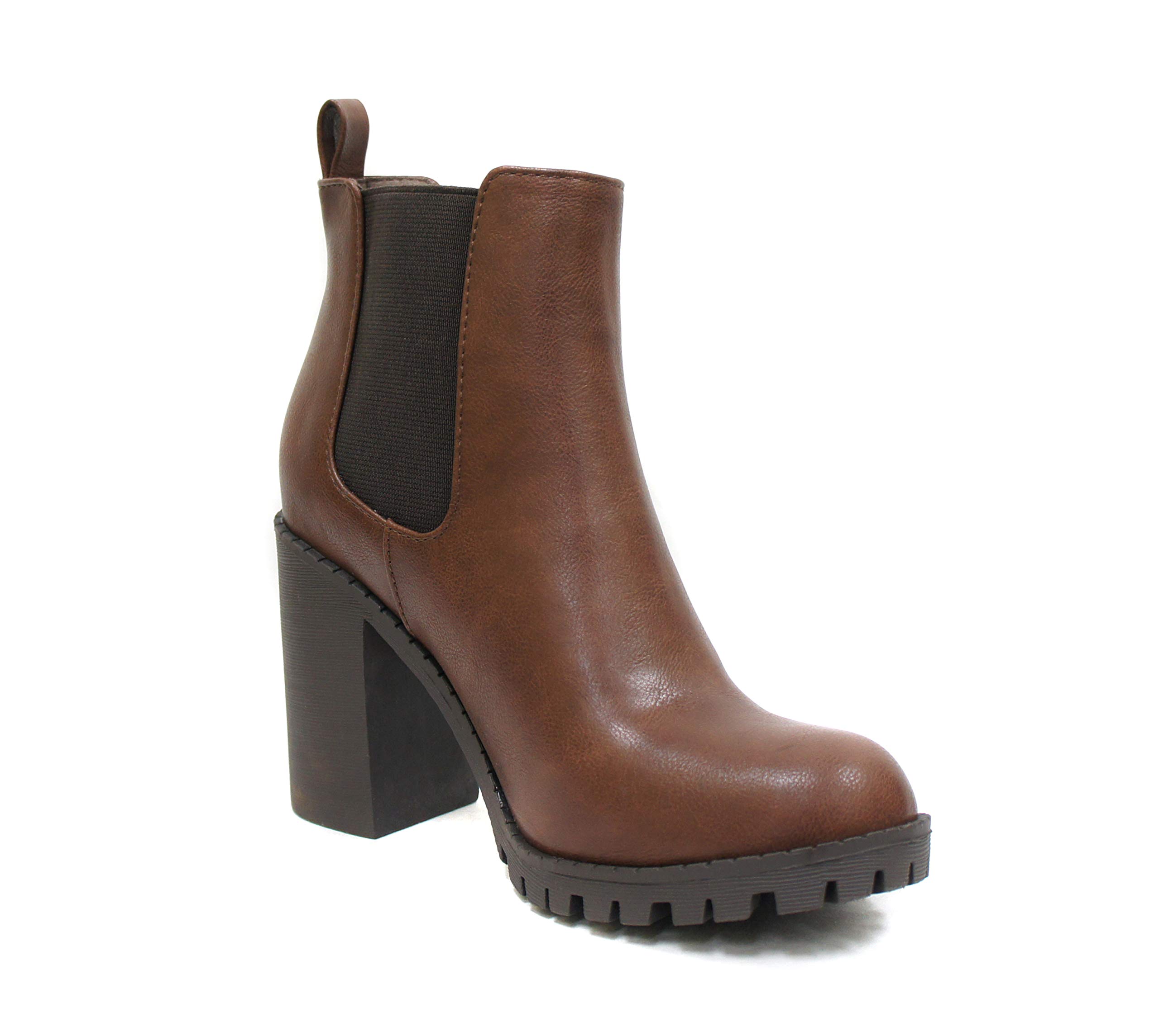 Soda Glove - Ankle Boot w/Lug Sole Elastic Gore and Chunky Heel (7.5, Brown (PU))