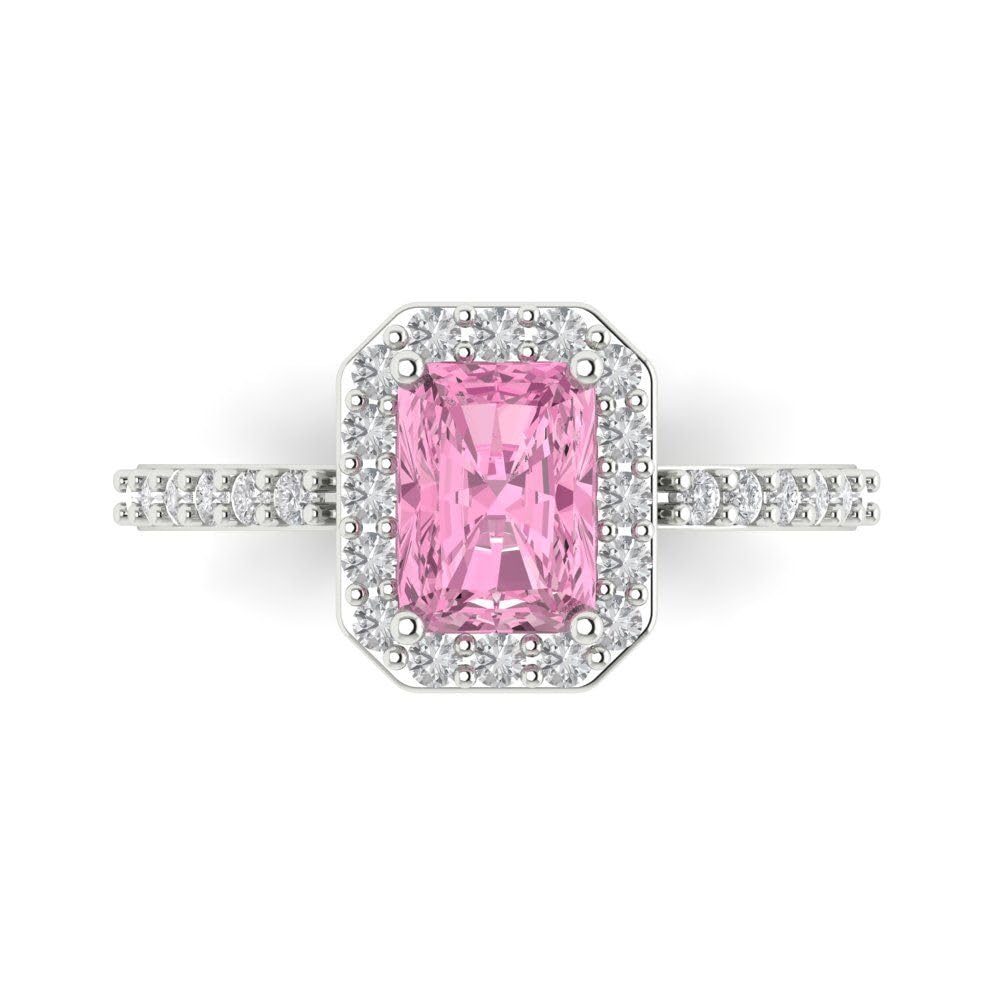 Clara Pucci 2.04ct Emerald Cut Solitaire with Accent Halo Pink Diamond VVS1 Designer Modern Statement Ring Solid 14k White Gold