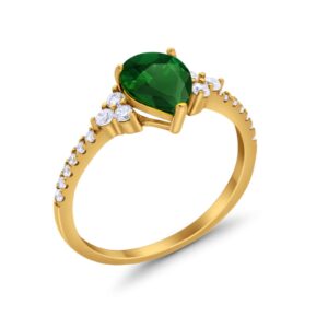 Blue Apple Co. Teardrop Pear Wedding Engagement Bridal Ring Pear Round Yellow Tone, Green Emerald Cubic Zirconia 925 Sterling Silver Size-7