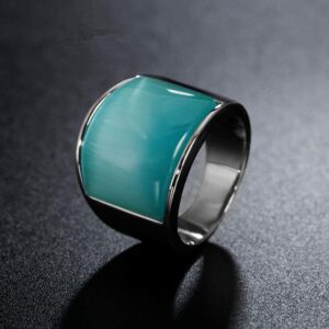 HIJONES Mens Womens Stainless Steel Big Agate Stone Crystal Ring Silver Light Green Size 12