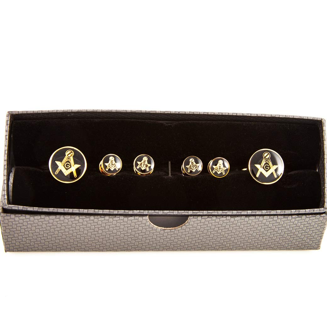 MRCUFF Freemason Masonic Mason Cufflinks & Studs Tuxedo Set in a Presentation Gift Box & Polishing Cloth