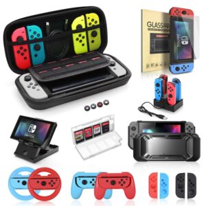 accessories bundle for nintendo switch, kit with carrying case,protective case with screen protector,compact playstand,game case,joystick cap,charging dock,grip and steering wheel for nintendo switch