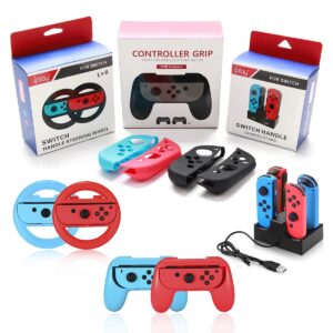 Accessories Bundle for Nintendo Switch, Kit with Carrying Case,Protective Case with Screen Protector,Compact Playstand,Game Case,Joystick Cap,Charging Dock,Grip and Steering Wheel for Nintendo Switch